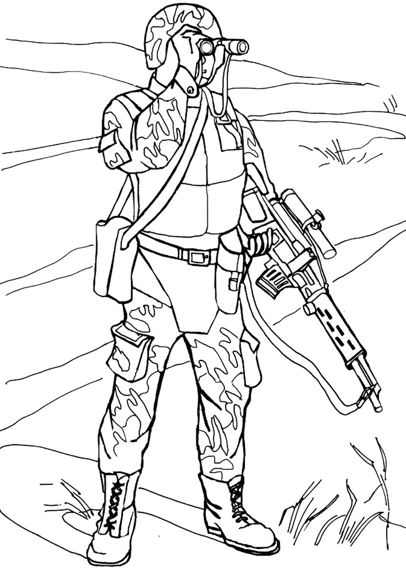 kolorowanka wojsko żołnierz z karabinem malowanka do wydruku dla chłopców nr 2